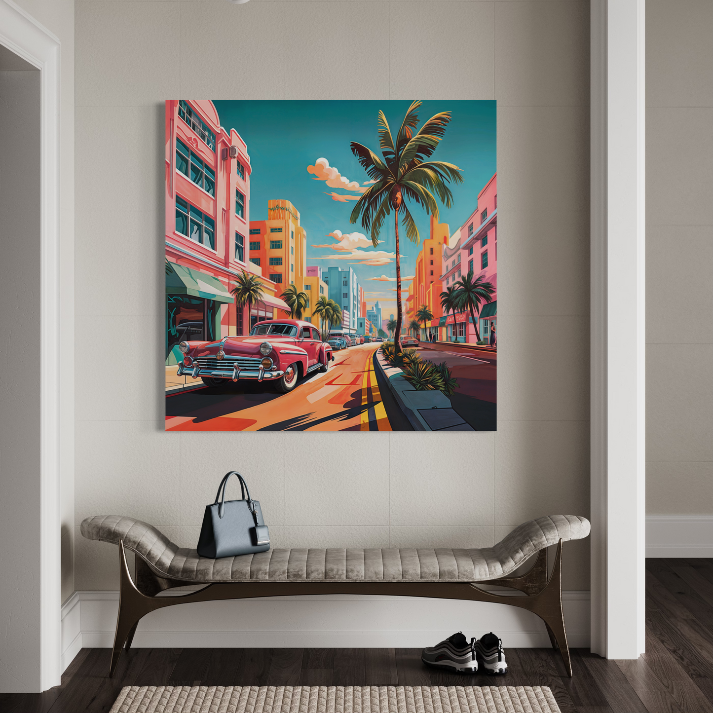 Miami's Ocean Drive: Tourist Journey - Canvas Wall Art