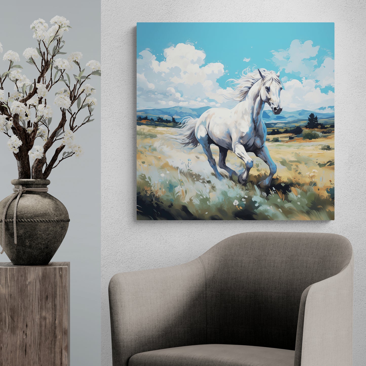 Bold Freedom: White Horse in Motion - Wall Art