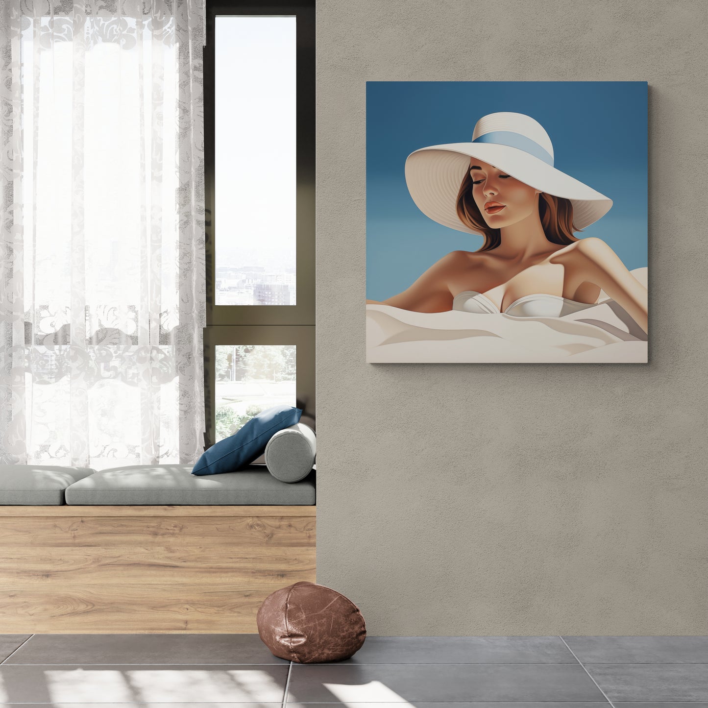 Timeless Beach Elegance: Woman in White Hat