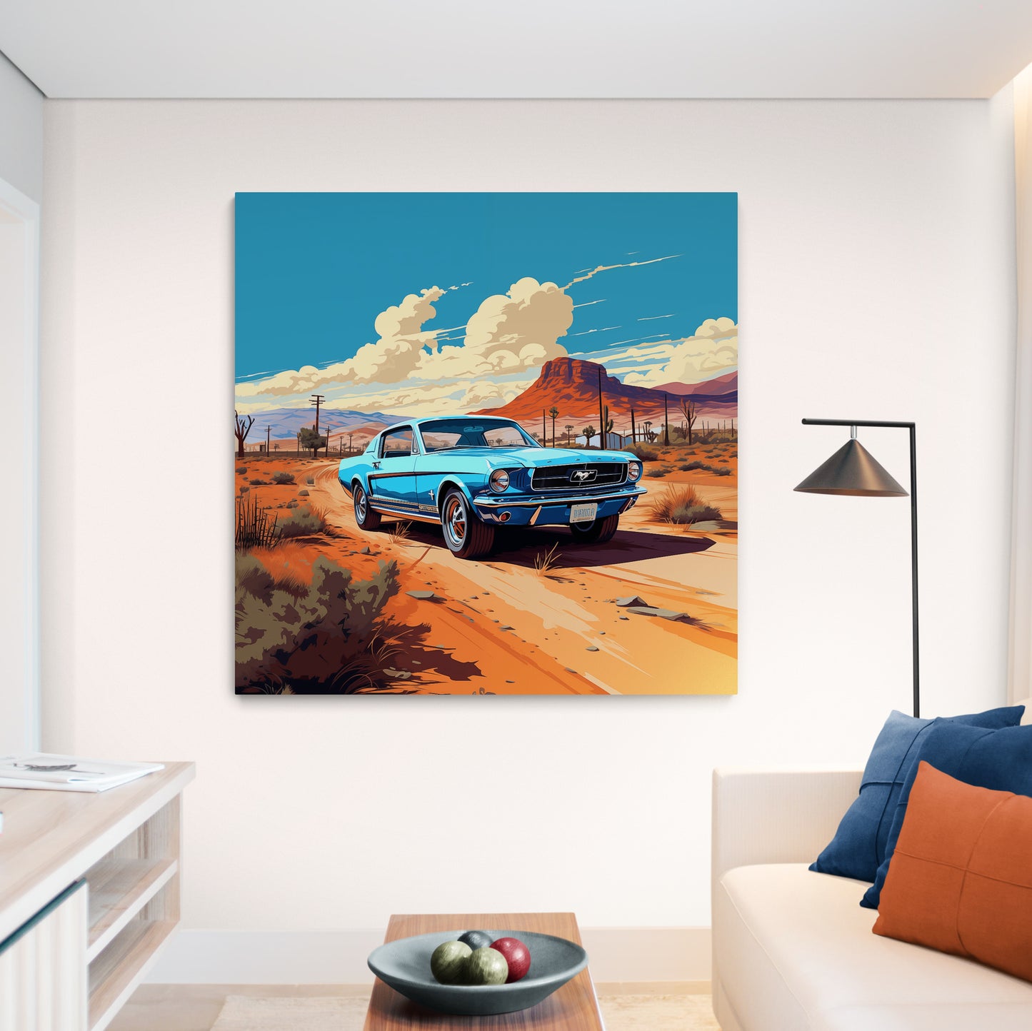 Desert Drift: 1960's Blue Mustang Adventure Canvas