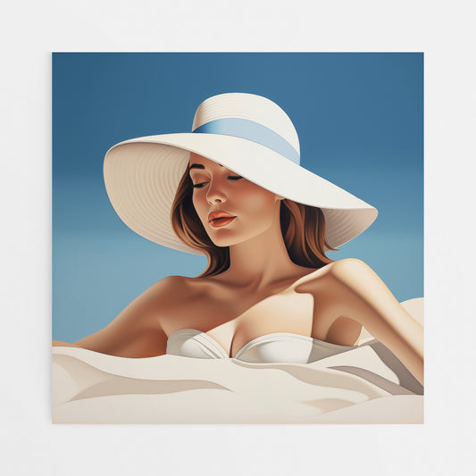 Timeless Beach Elegance: Woman in White Hat