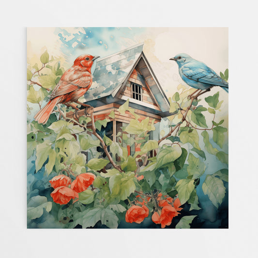 Enchanted Dwelling: House with Bird and Floral Accents