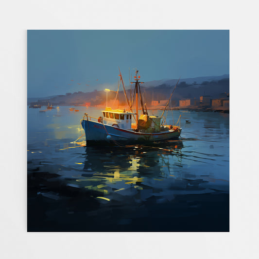Dusk's Reflections: Golden-Lit Fishing Boats