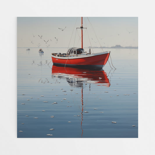 Seafaring Solace: A Red Boat's Reflection