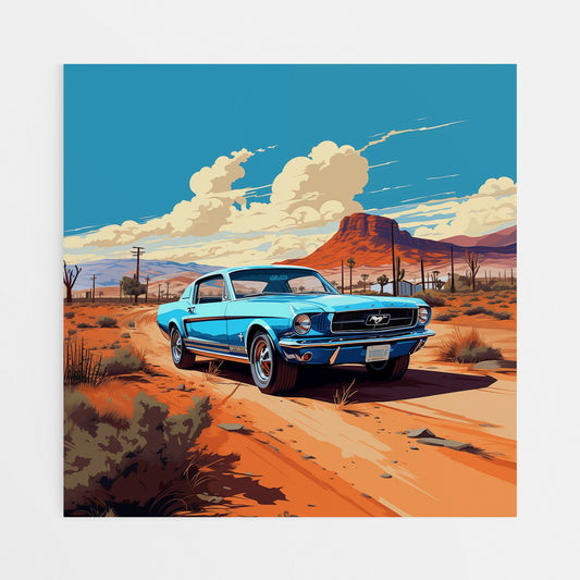 Desert Drift: 1960's Blue Mustang Adventure Canvas