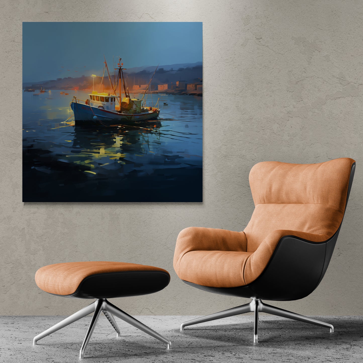 Dusk's Reflections: Golden-Lit Fishing Boats