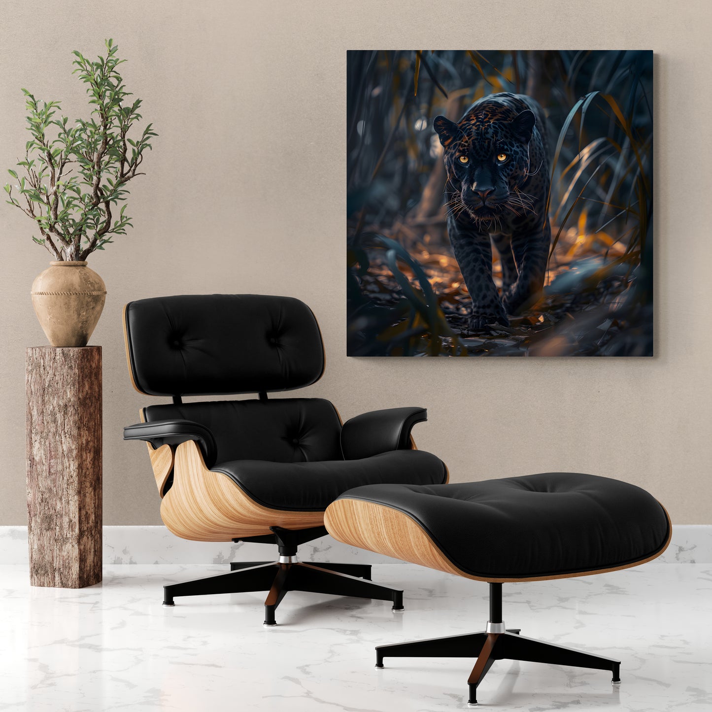 Intense Gaze: Jaguar in Black Canvas
