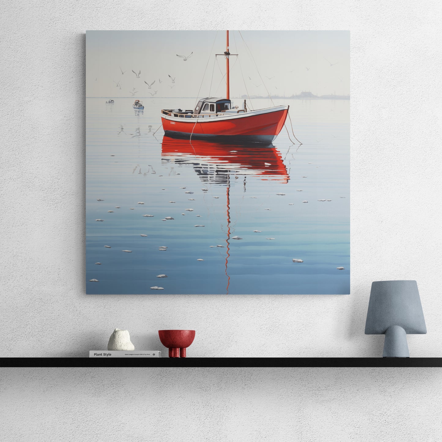 Seafaring Solace: A Red Boat's Reflection